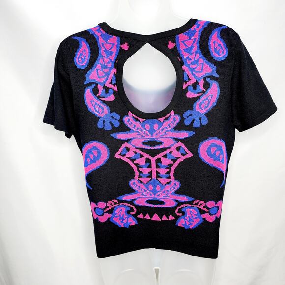 Allison Brittney Black & Pink Knit Short Sleeve Key Hole Cutout Back Sweater L - Picture 2 of 9